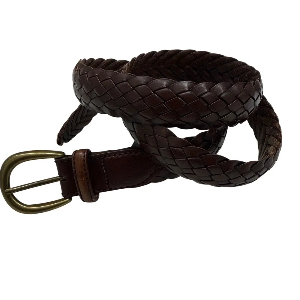 VTG Brighton Braided Woven Leather Belt Men 40 Brown Brass Buckle Casual Classic